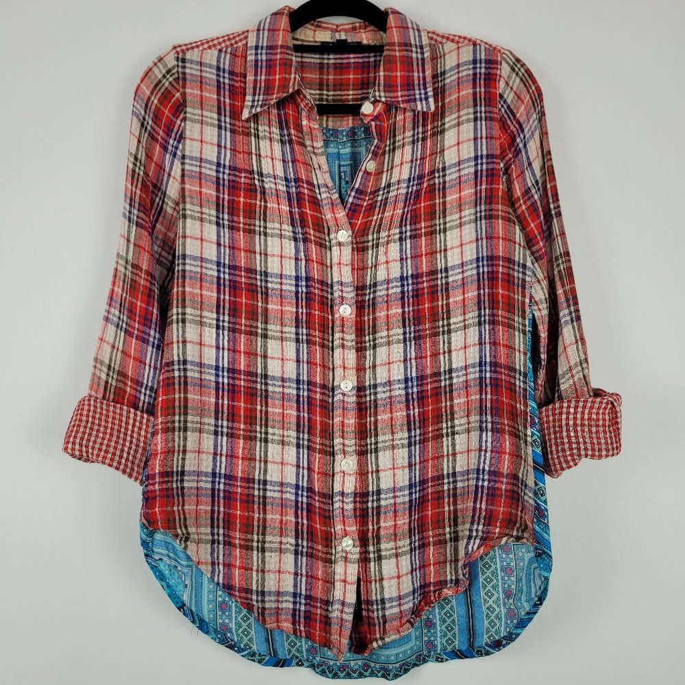 Anthro Tolani Red Plaid Blue Mixed Media Print Top